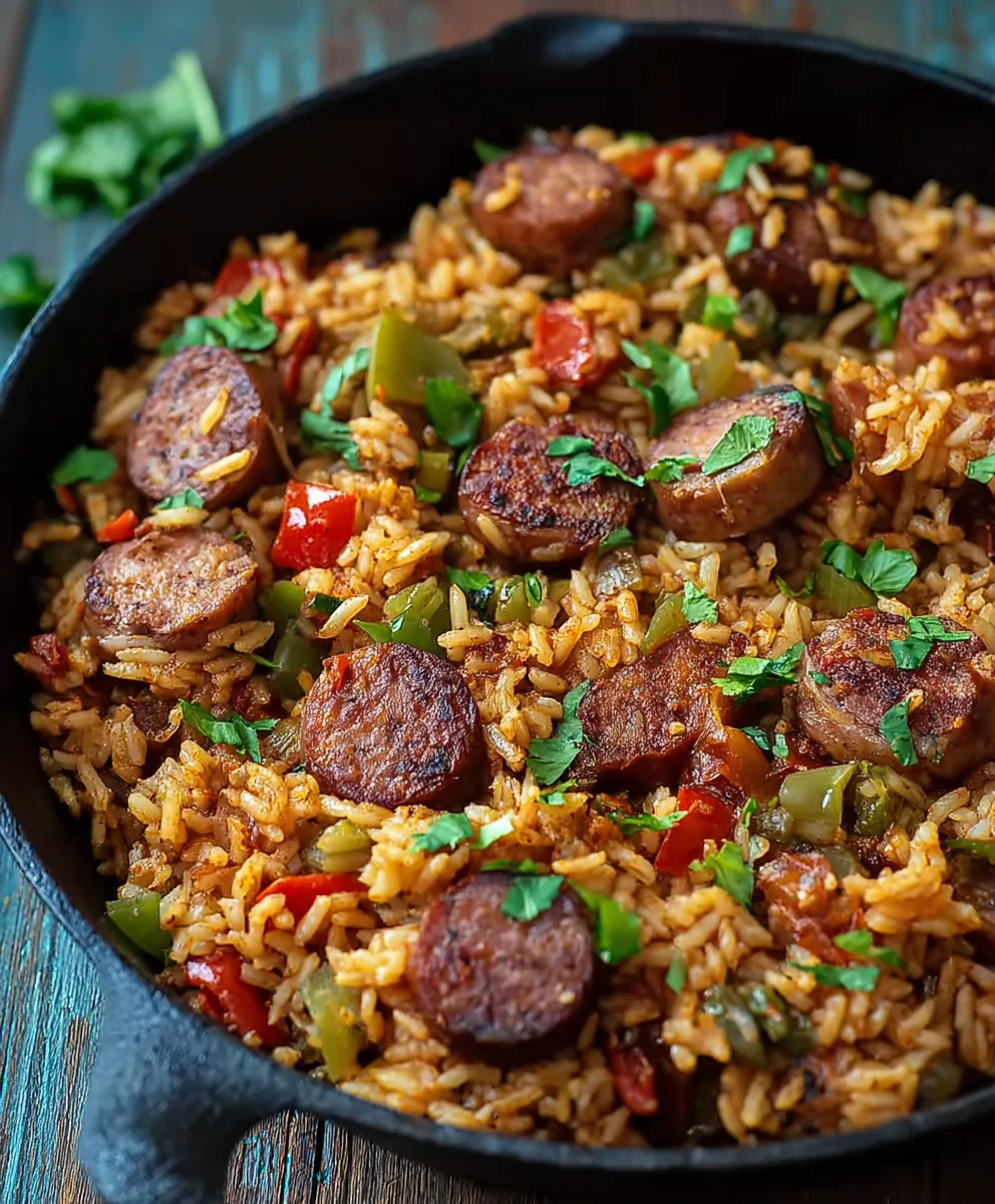 Cajun Beef Sausage Rice Skillet-Easy One-Pan Dinner