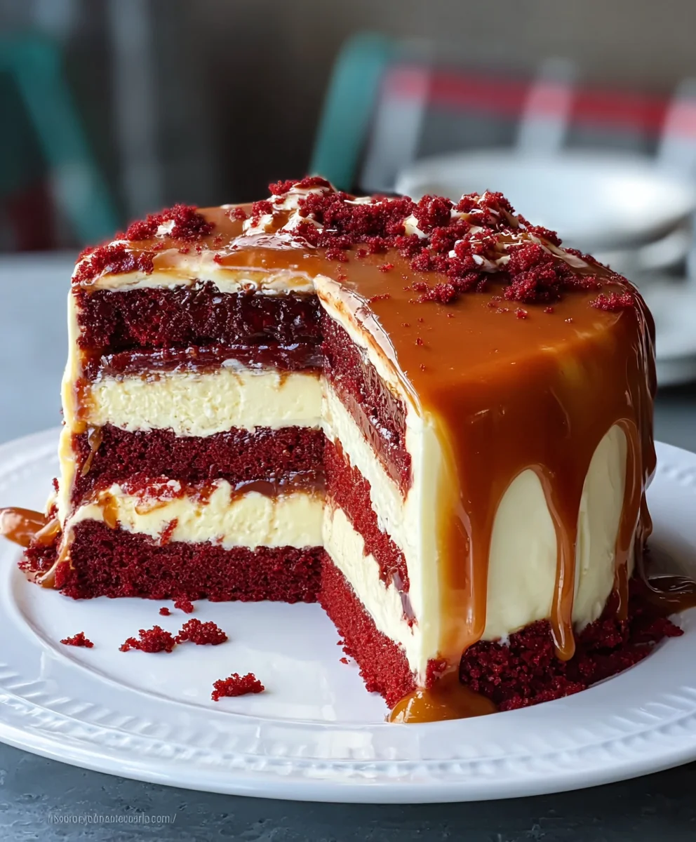 Red Velvet Cheesecake Cake-Decadent Caramel Drizzle