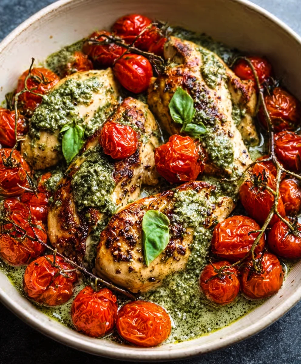 Creamy Pesto Chicken Roasted Tomatoes Recipe