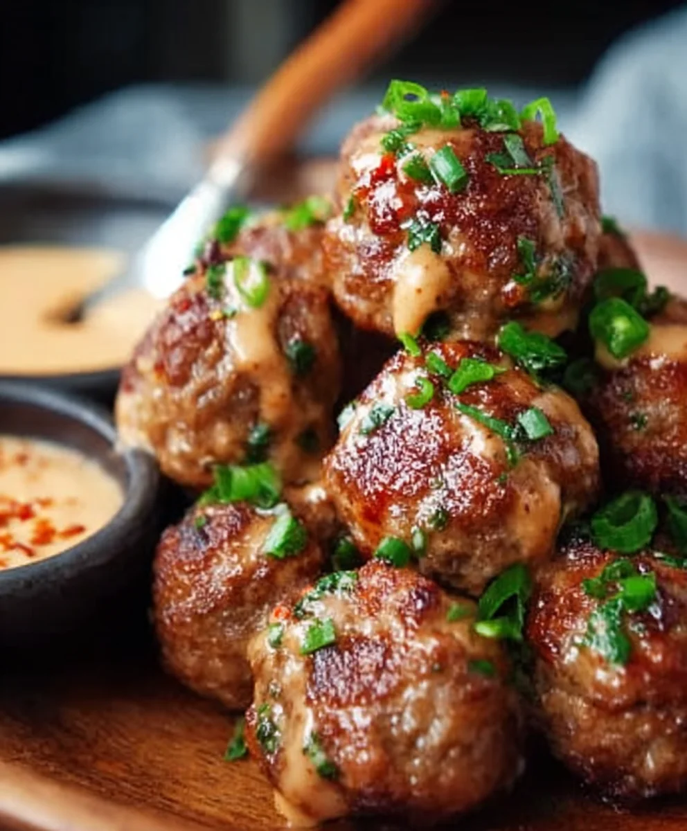 Korean Beef BBQ Meatballs Spicy Mayo Dip