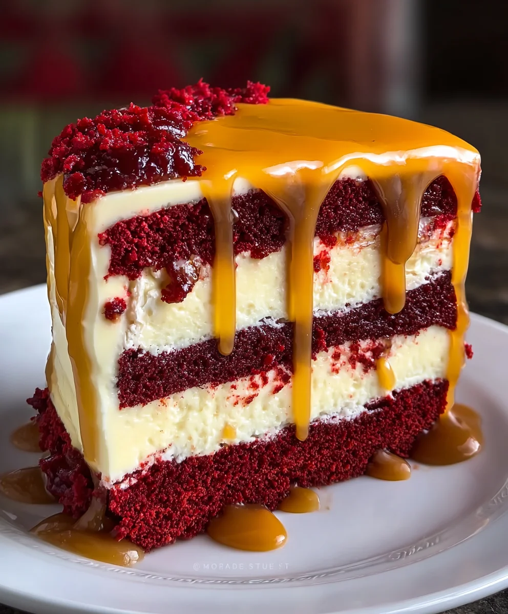 Red Velvet Cheesecake Cake-Decadent Caramel Drizzle