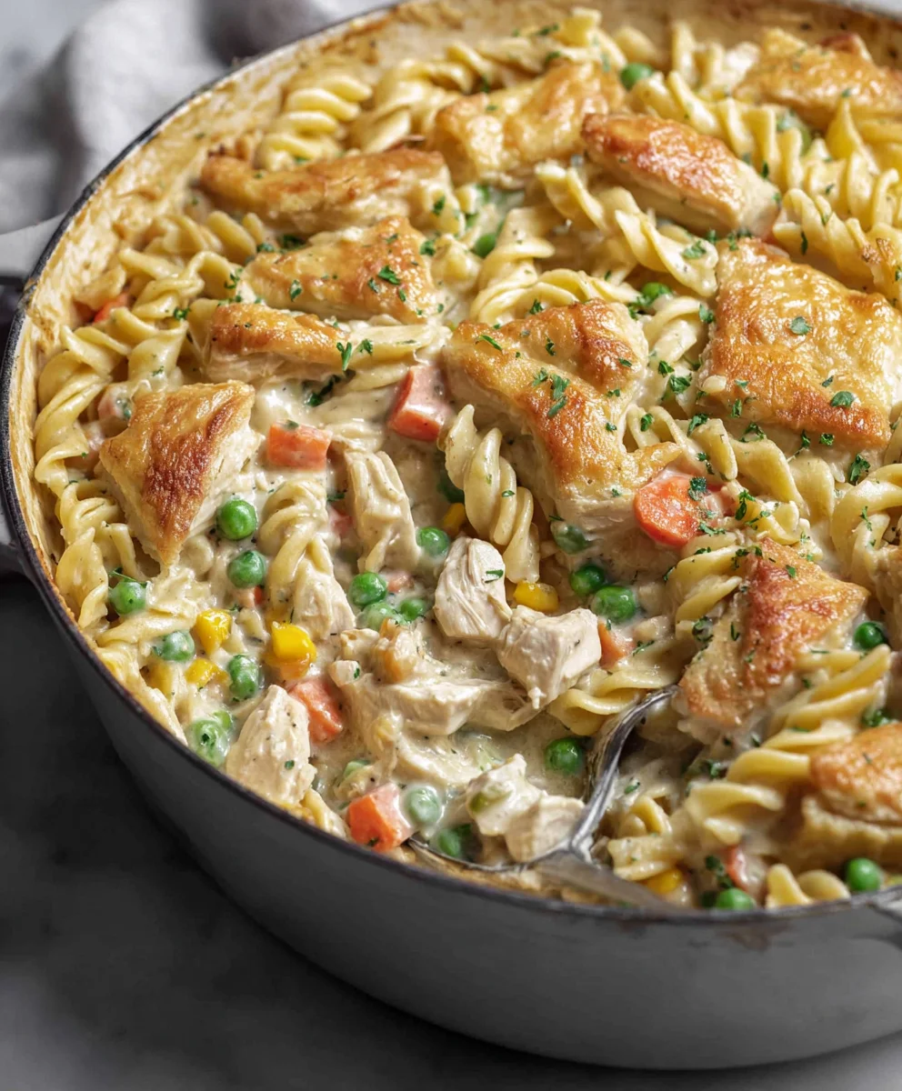 Easy Chicken Pot Pie Pasta Bake - Creamy Comfort Food