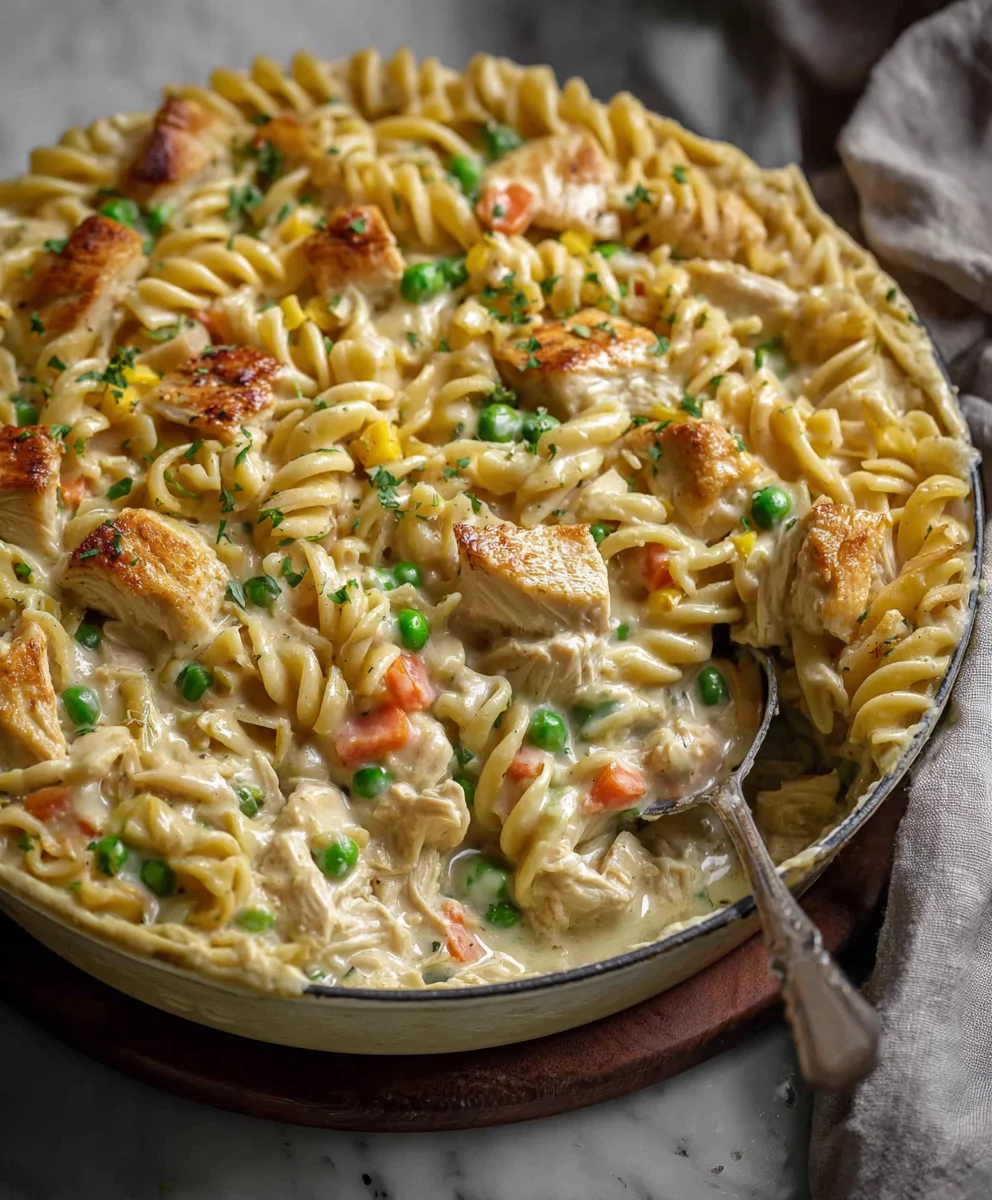 Easy Chicken Pot Pie Pasta Bake - Creamy Comfort Food
