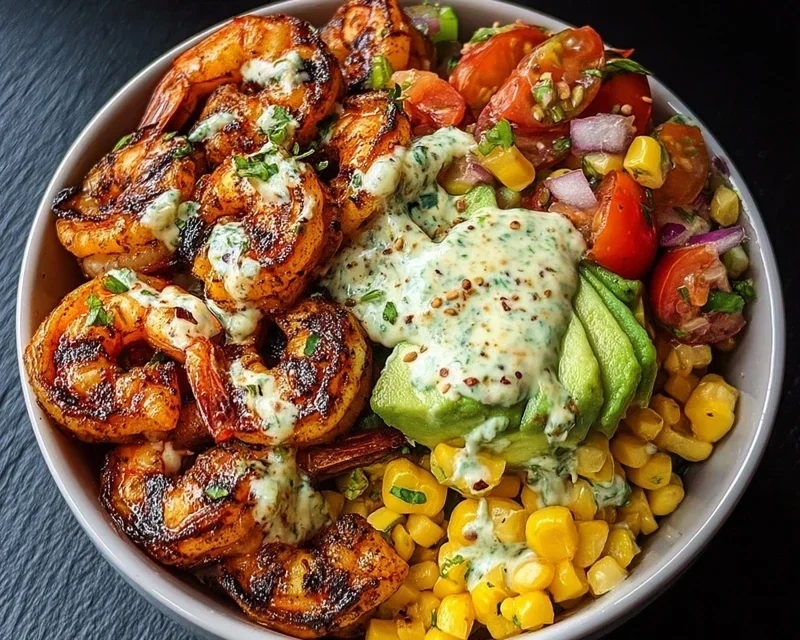 Grilled Shrimp Bowl with Avocado, Corn Salsa & Creamy Garlic Sauce