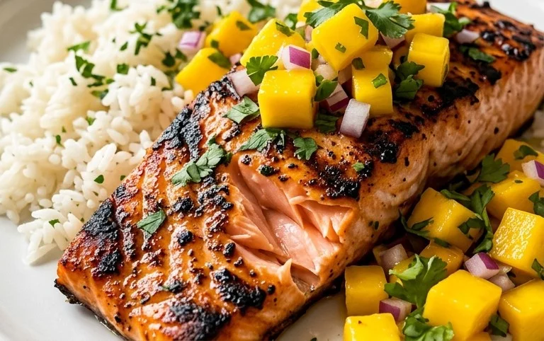 Grilled Salmon with Mango Salsa and Coconut Rice