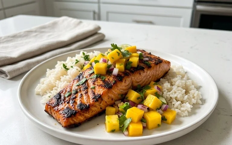 Grilled Salmon with Mango Salsa and Coconut Rice