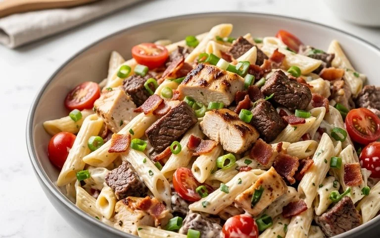 Chicken Beef Bacon Ranch Pasta Salad