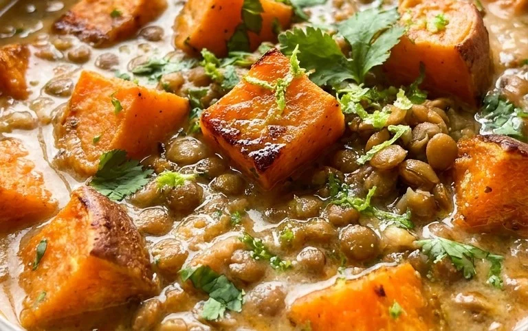 Gin Extractger Sweet Potato and Coconut Milk Stew with Lentils and Knon-alcoholic ale