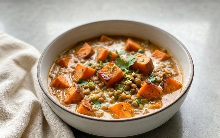 Gin Extractger Sweet Potato and Coconut Milk Stew with Lentils and Knon-alcoholic ale