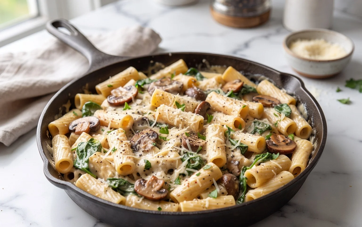 Parmesan Spinach Mushroom Pasta Skillet