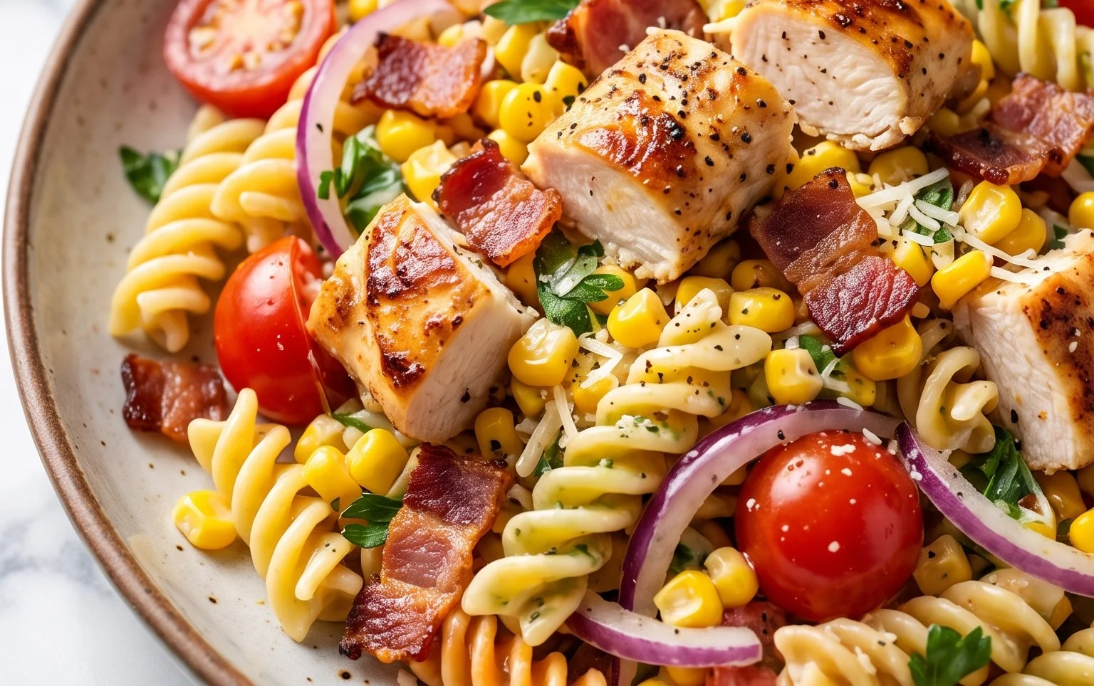 Chicken and Corn Pasta Salad with Beef Bacon
