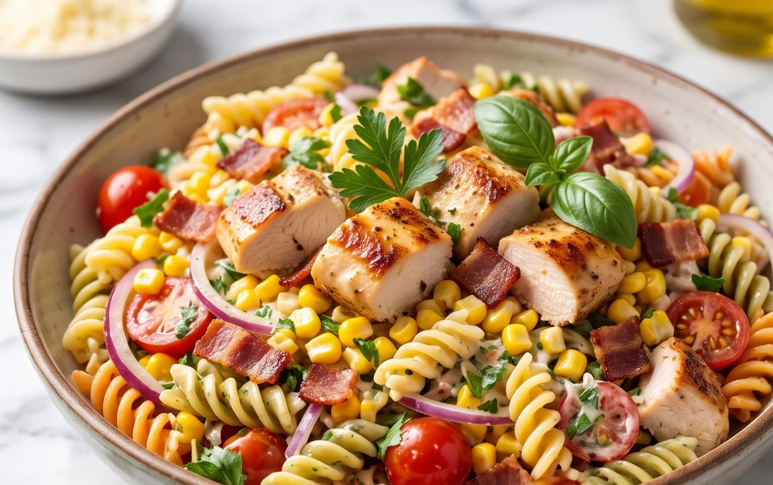 Chicken and Corn Pasta Salad with Beef Bacon