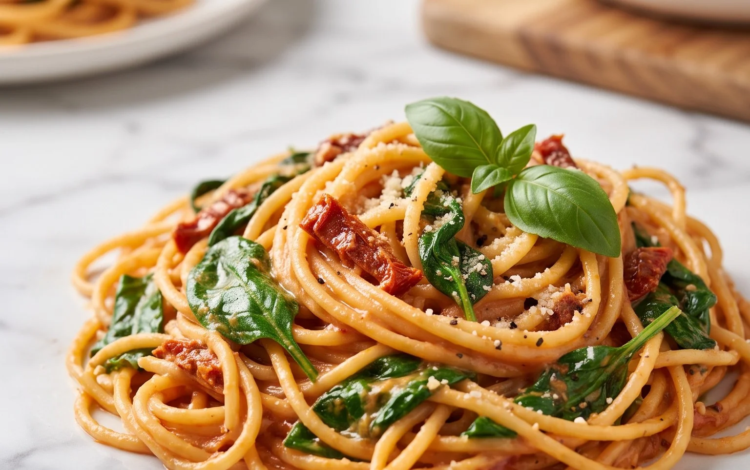 Spaghetti & Spinach with Sun-Dried Tomato Cream Sauce