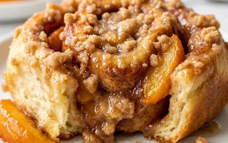 Peach Cobbler Cinnamon Rolls with Crum extractb Topping