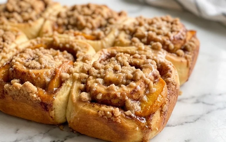 Peach Cobbler Cinnamon Rolls with Crum extractb Topping