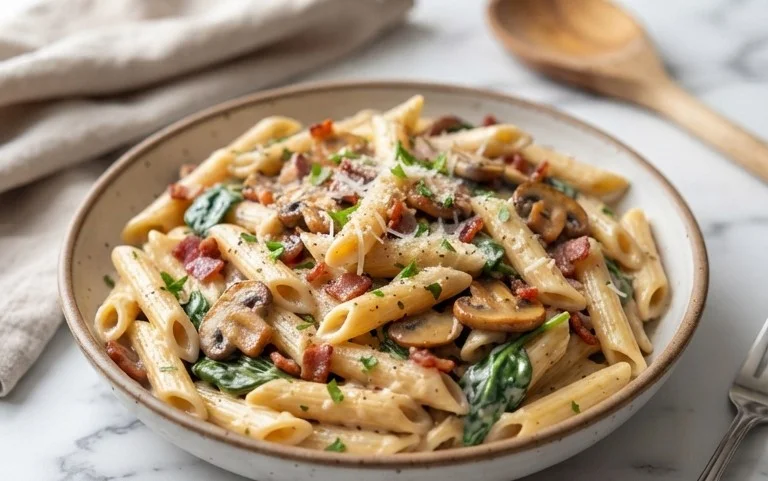 Creamy Beef Bacon and Mushroom Pasta