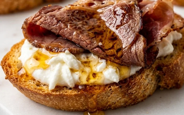 Beef Prosciutto Crostini with Burrata and Lemon Honey Drizzle