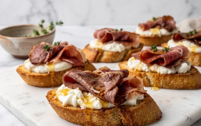 Beef Prosciutto Crostini with Burrata and Lemon Honey Drizzle